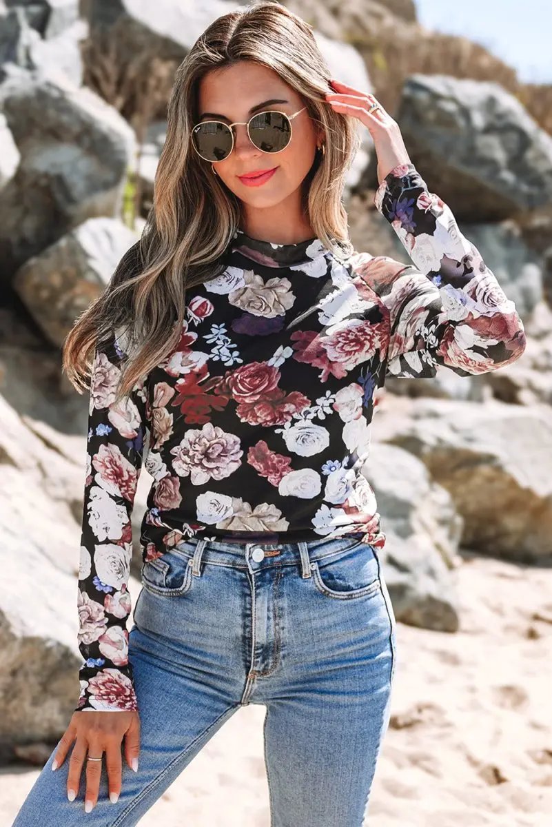 Pink Mesh Floral Print Mock Neck Long Sleeve Slim Top - Love Salve